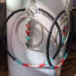 Beaded Hoop Earrings with Triangle Inlay